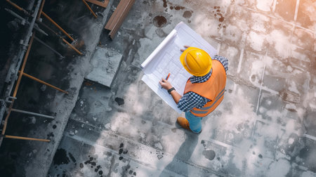 Top view of engineer working with blueprints at construction site. mixed mediaの素材