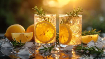 Two glasses of lemonade with ice and rosemary on table outdoorsの素材