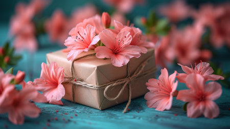 Gift box with pink flowers on a blue wooden background. Selective focus.の素材