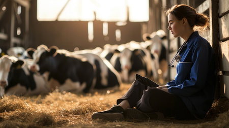 Female veterinarian sitting in barn and looking at herd of cows on farmの素材