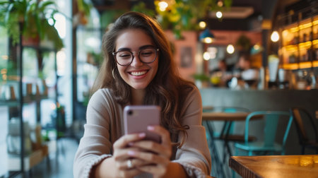 Portrait of smiling young woman using mobile phone while sitting in cafeの素材