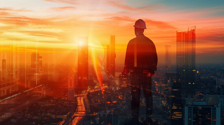 Double exposure of engineer and cityscape at sunset background. Engineering and construction concept.の素材