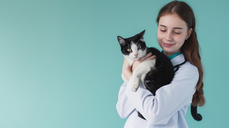 Veterinarian holding a cat in her arms, blue background.の素材