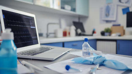 Stethoscope lying on a table with a laptop and a bottle of waterの素材