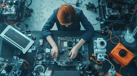 High angle view of redhead female engineer working on motherboard in officeの素材
