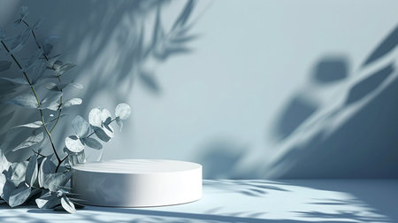 3d rendering of minimal geometric forms. Glossy white podium for product presentation with shadows overlay.の素材
