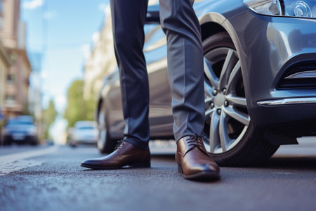 Close up of businessman standing on the road with car in the backgroundの素材
