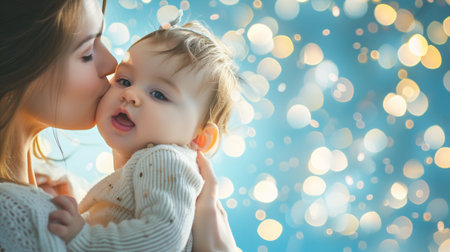 Happy family. Mother and baby girl on blue bokeh background.の素材
