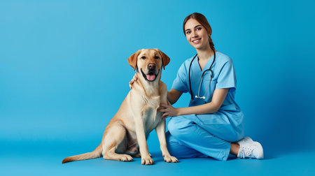smiling female veterinarian with labrador retriever dog on blue backgroundの素材