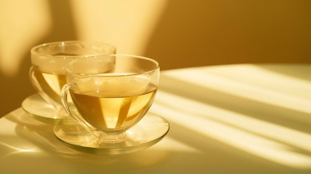 Two cups of tea on a table in sunlight. Selective focus.の素材