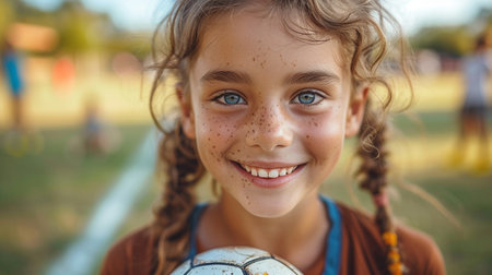 Portrait of smiling little girl with soccer ball in her hands outdoorsの素材