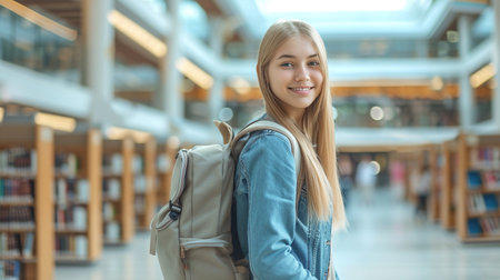 Portrait of a smiling female student with backpack standing in the libraryの素材