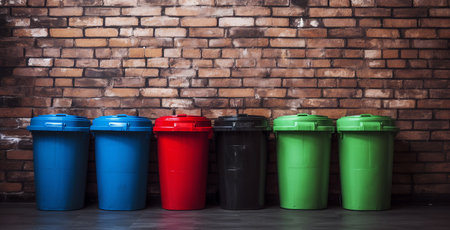 Colorful recycle bin on brick wall background, Recycling conceptの素材