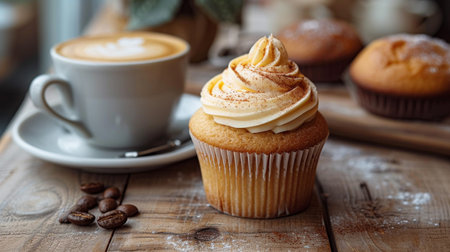Cup of coffee and muffins with whipped cream on wooden tableの素材