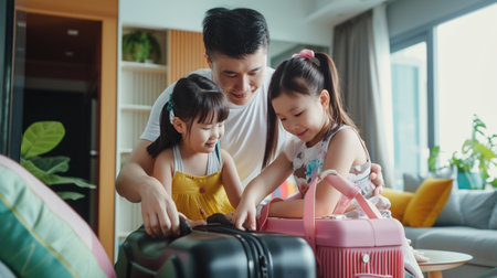 Happy asian family packing suitcase in living room at home. Father, mother and daughter traveling together.の素材