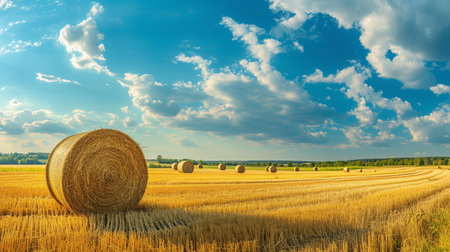 Hay bales on the field. Agricultural landscape. Landscape with hay bales.の素材