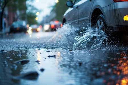 Car splashing water on a wet road in the city at nightの素材