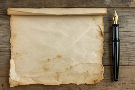 Old paper and ink pen on a wooden table. Vintage style.の素材