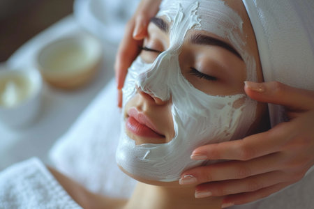 Beautiful young woman with clay facial mask on her face at spa salonの素材