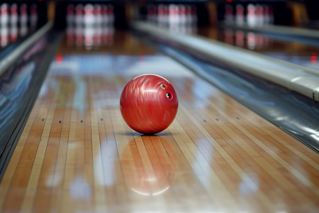 Bowling ball and skittles in bowling alley, shallow depth of fieldの素材