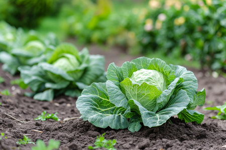 Cabbage growing in the garden. Fresh green cabbage growing in the garden.の素材