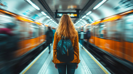 Young woman in a subway station waiting for a train. Blurred motion.の素材