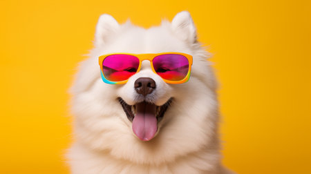 Funny Samoyed dog in sunglasses on a yellow background.の素材