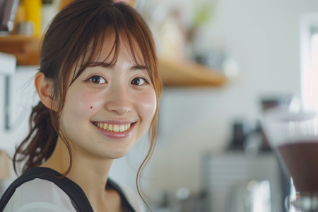 portrait of young asian woman smiling and looking at camera in coffee shopの素材