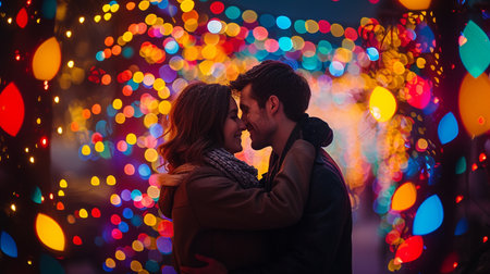 Couple in love kissing on a background of colorful bokehの素材