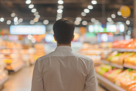 Back view of businessman standing in front of shelf in supermarket, rear viewの素材