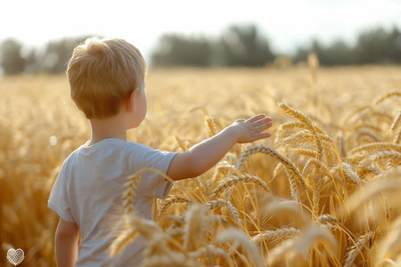 Cute little boy in a wheat field on a sunny summer dayの素材