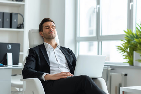 businessman with closed eyes sitting on chair and using laptop in officeの素材