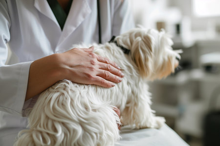 Veterinarian examining dog in clinic, closeup. animal careの素材