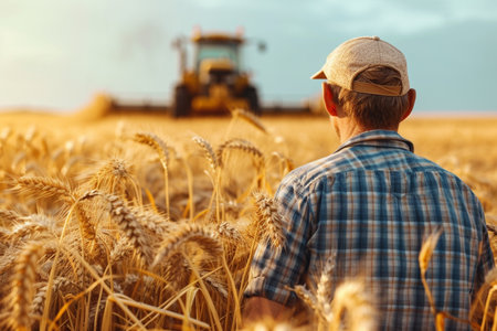Farmer standing in wheat field with combine harvester in backgroundの素材