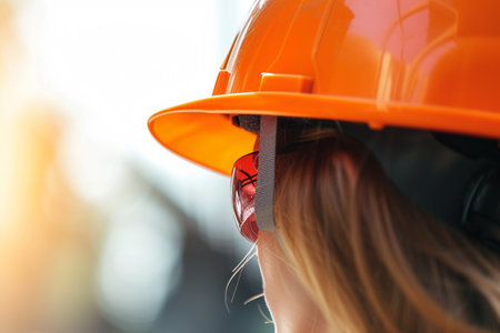 Close-up of a female engineer in a hard hat on construction siteの素材