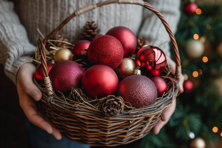 Female hands hold a basket with red and golden Christmas baubles.の素材