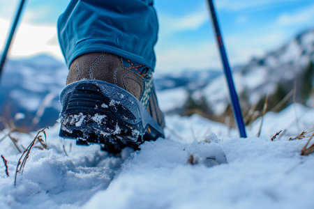 Hiking boots in winter mountains. Hiking boots in the mountains.の素材