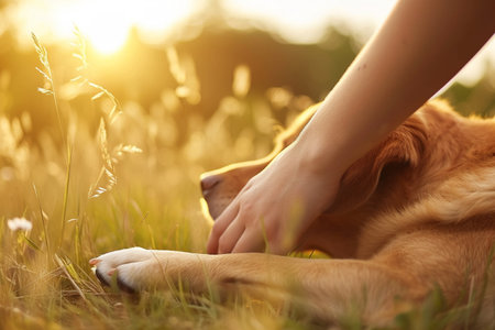 Female hand stroking golden retriever dog in grass at sunset.の素材