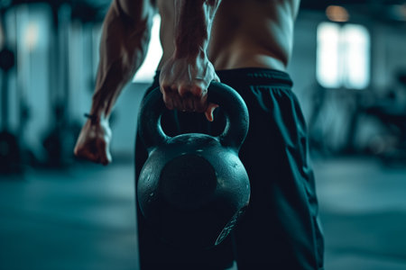 Athletic young man working out with kettlebell in gymの素材