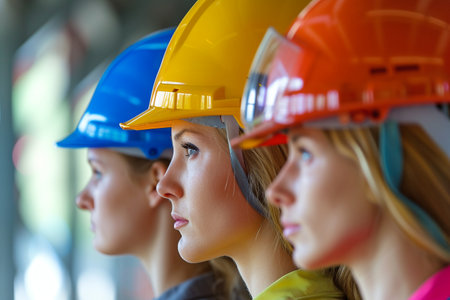 Group of female engineers and architects in hardhats on construction siteの素材