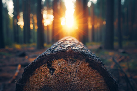 Wooden log in the forest at sunset. Beautiful nature background.の素材