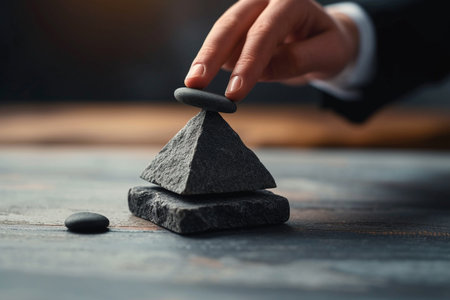 Hand of businesswoman making zen stone pyramid on wooden table backgroundの素材