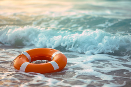 Orange lifebuoy on the beach. Lifebelt on the sea.の素材