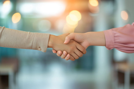 Business people shaking hands in office, closeup. Teamwork conceptの素材