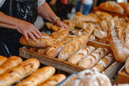 Freshly baked baguettes on the counter of a bakery.の素材