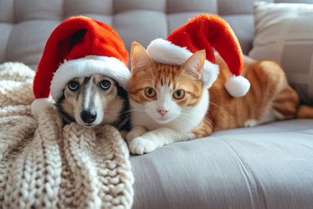 Cute cat and dog in santa hats lying on sofa.の素材
