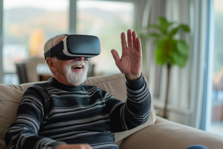 Senior man using virtual reality headset at home in the living room.の素材