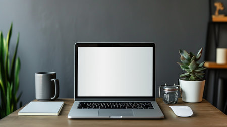 Mockup image of laptop with blank white screen on wooden table with coffee cup and other itemsの素材