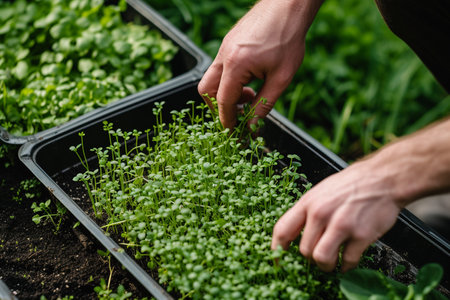 cropped shot of gardener planting microgreens in peat potsの素材