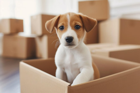 Cute dog in cardboard box at new home. moving house conceptの素材